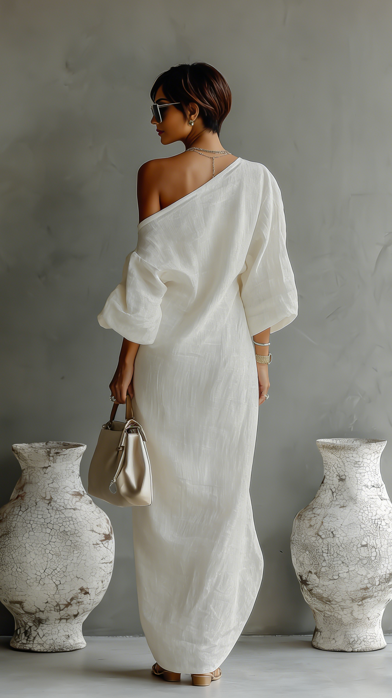Robe Fluide Élégante en Coton-Lin Blanc Ivoire à Épaule Dénudée
