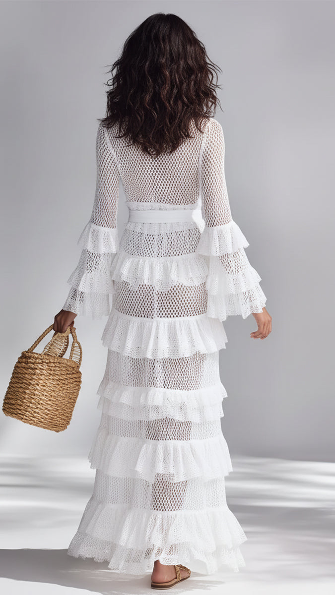 Cardigan au Crochet Blanc Brillant pour Femme à Décolleté en V Profond et Volants Superposés, Style Bohème-Chic Intemporel