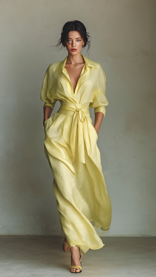Robe Chemise Maxi Jaune Citron pour Femme en Coton et Lin avec Ceinture à Nouer et Manches Trois-Quarts