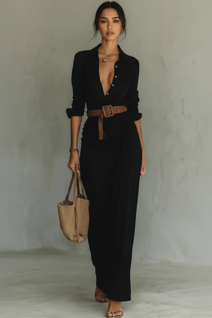 Camille™ | Robe Longue avec Revers et Ceinture