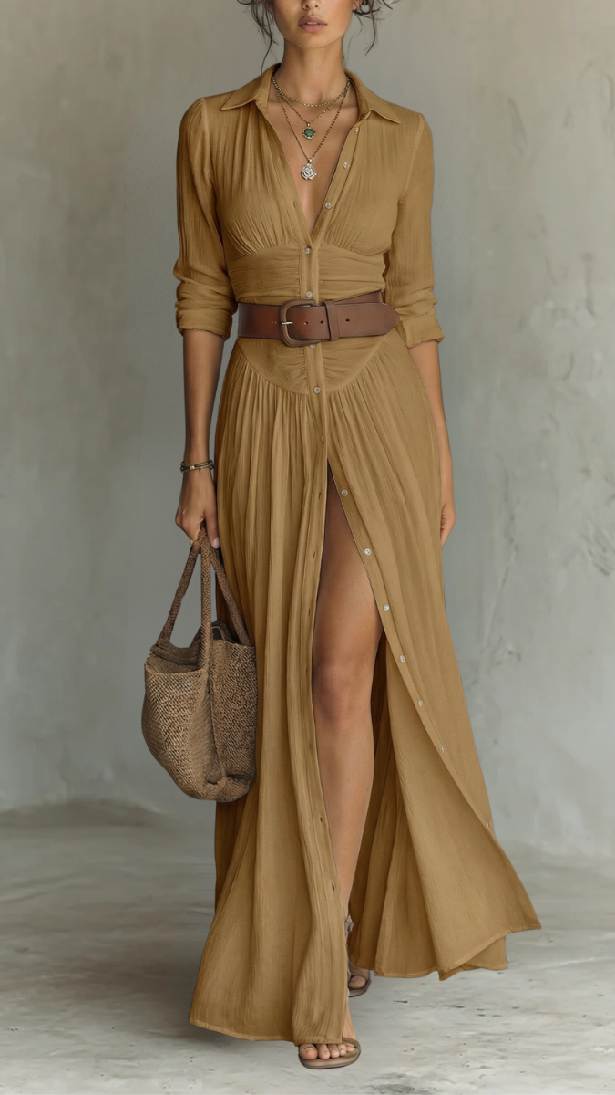 Robe Maxi Longue en Lin à Col Revers, Manches Longues et Plis