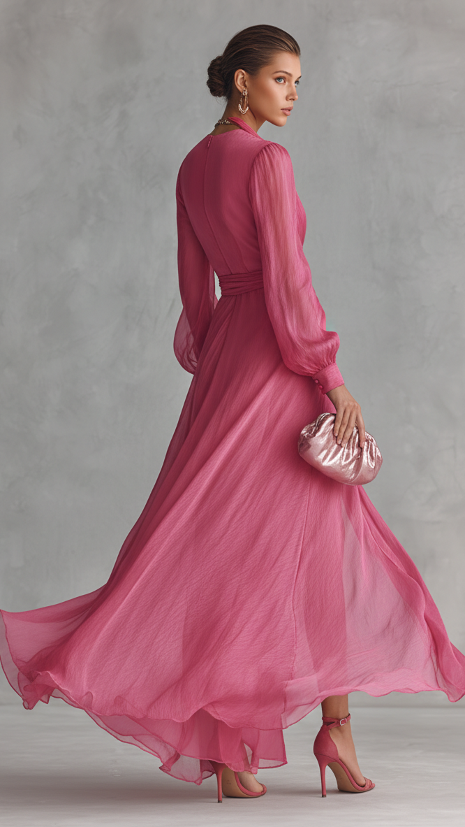 Robe Longue en Mousseline Rose Élégante avec Perles et Col en V pour Femme