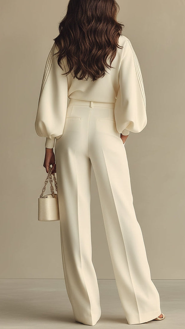 Ensemble en Maille Texturée Ivoire à Col Montant et Pantalon Large Taille Haute