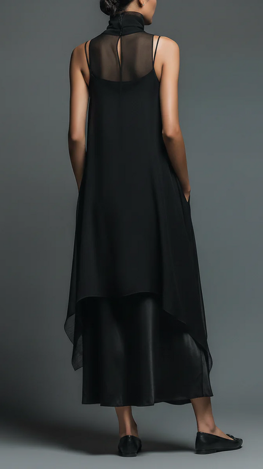 Robe nuisette en fibre d'acétate noire minimaliste associée à un déshabillé en mousseline Ensemble deux pièces robe longue