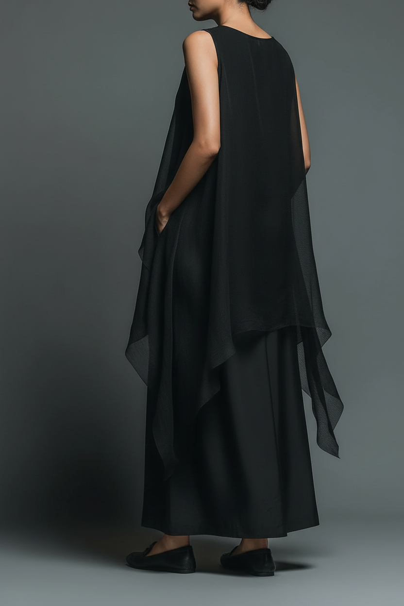 Ensemble Deux Pièces Noir — Robe Nuisette en Acétate et Cape Longue en Mousseline