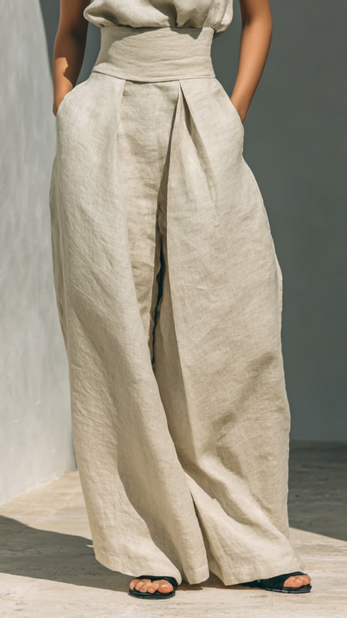 Aurora • Ensemble Top Sans Manches Beige en Mélange Coton-Lin et Pantalon Large