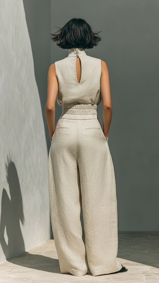 Aurora • Ensemble top sans manches beige en mélange coton-lin et pantalon large