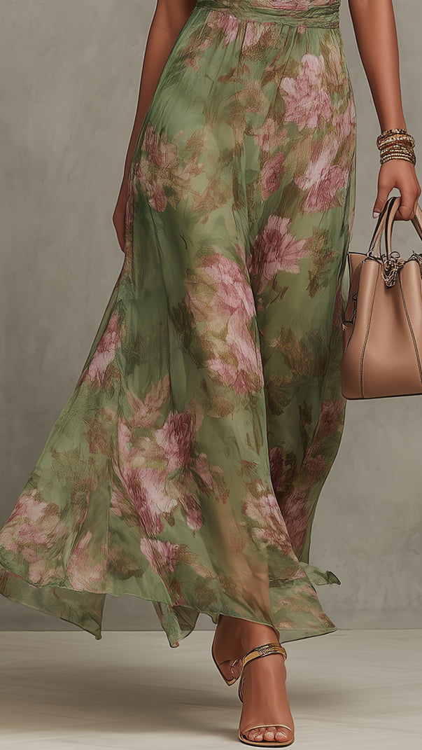 Serena - Longue Robe en Mousseline Fleurie Verte avec Encolure Dos-Nu