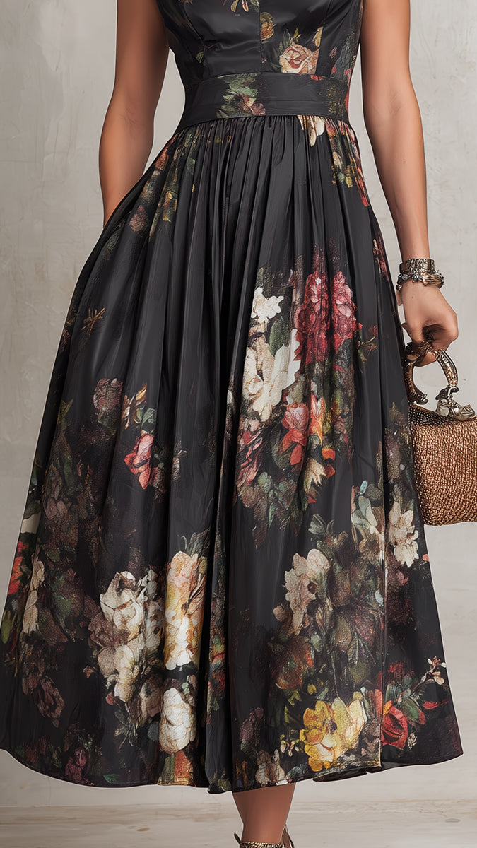 Robe Midi Plissée en Soie Noire à Imprimé Floral et Col Montant