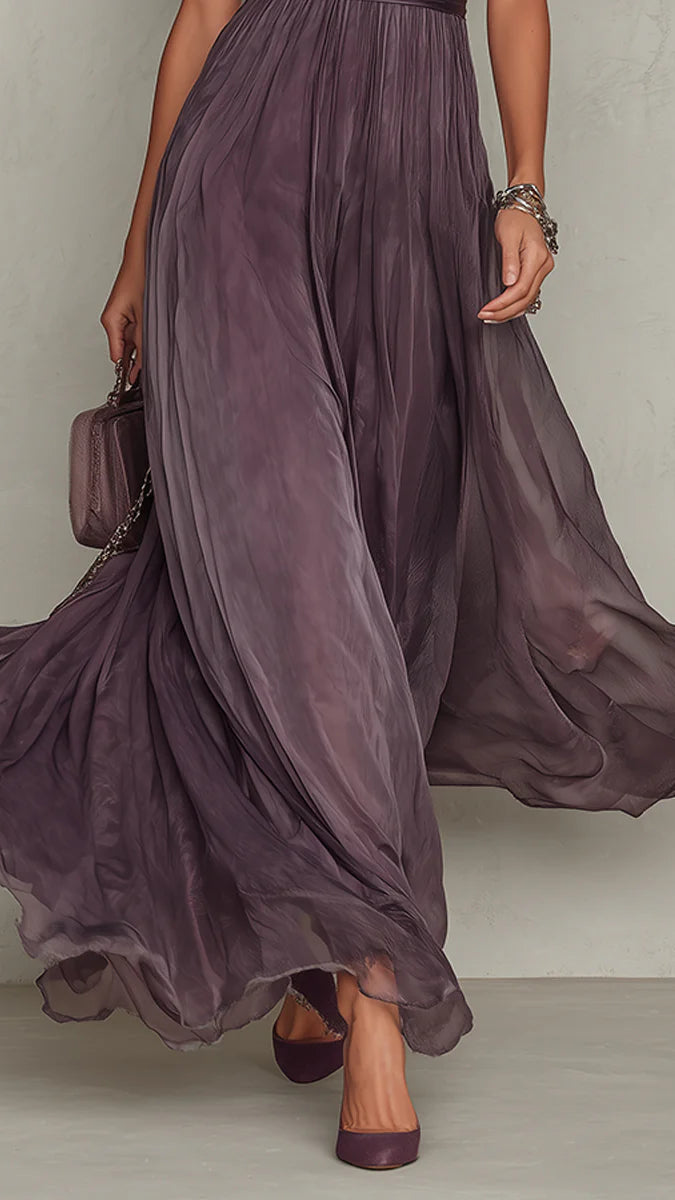 Flavia • Robe Longue Violette à Décolleté Goutte, Bordure en Dentelle de Mousseline