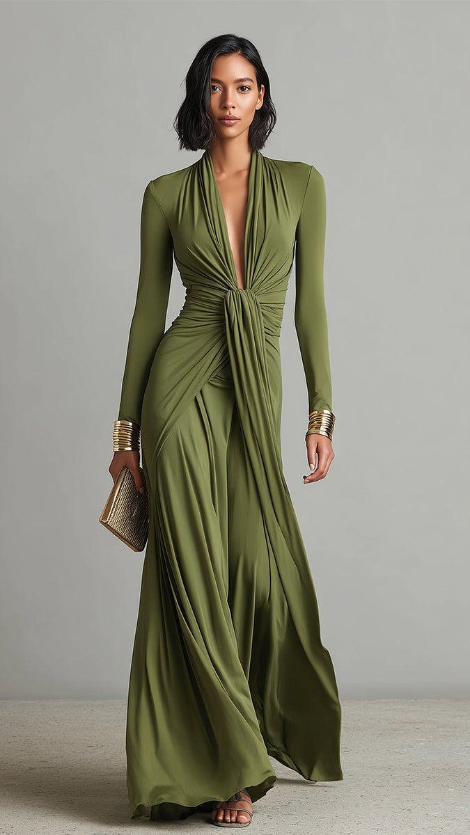 Robe Maxi Glamour Vert Olive en Soie Extensible à Col en V Profond et Détails Froncés