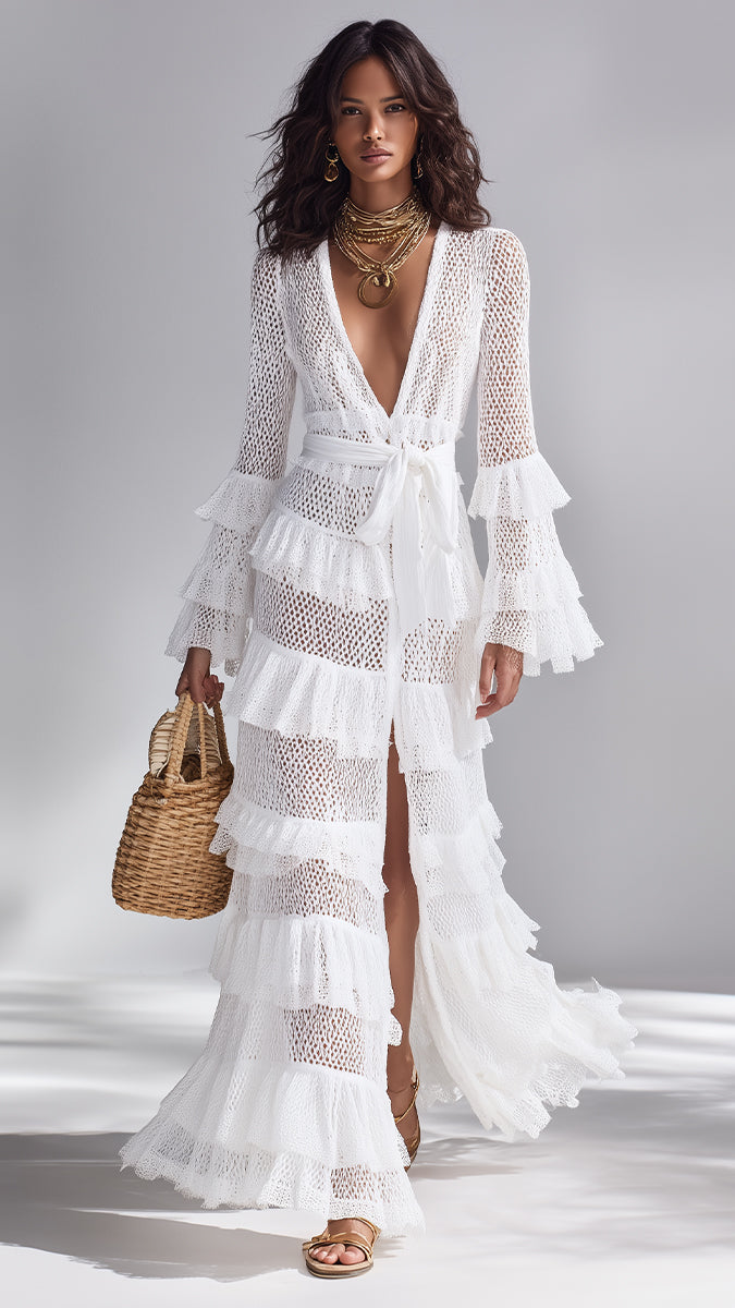Cardigan au Crochet Blanc Brillant pour Femme à Décolleté en V Profond et Volants Superposés, Style Bohème-Chic Intemporel