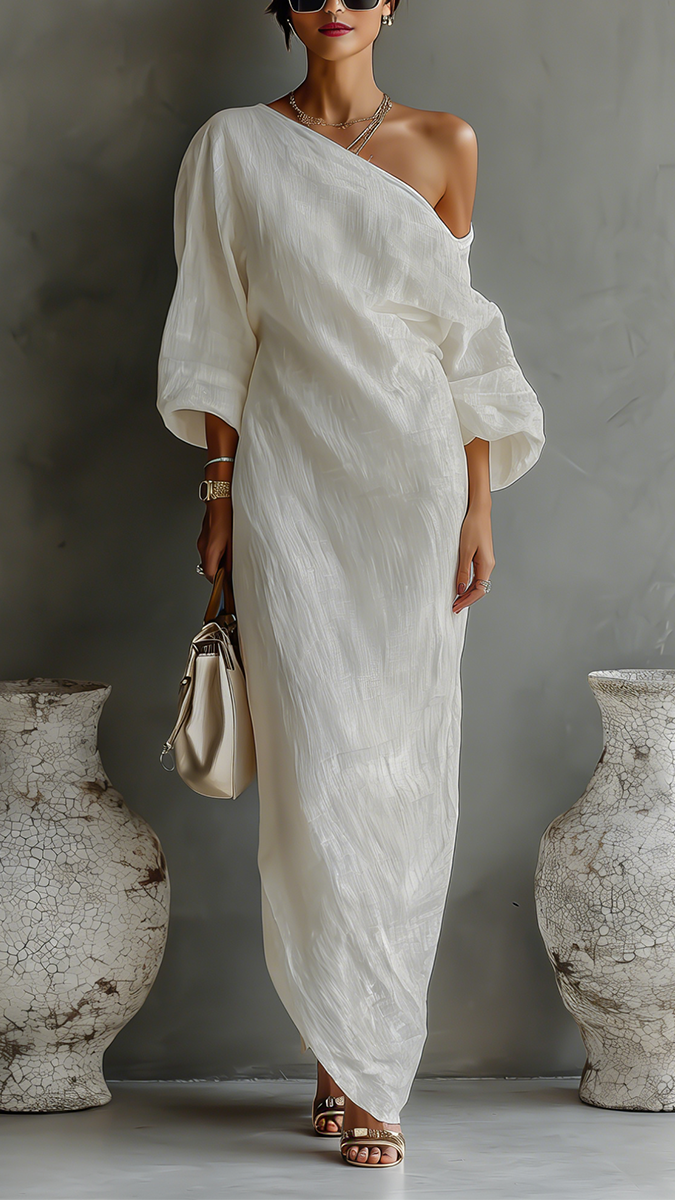 Robe Fluide Élégante en Coton-Lin Blanc Ivoire à Épaule Dénudée