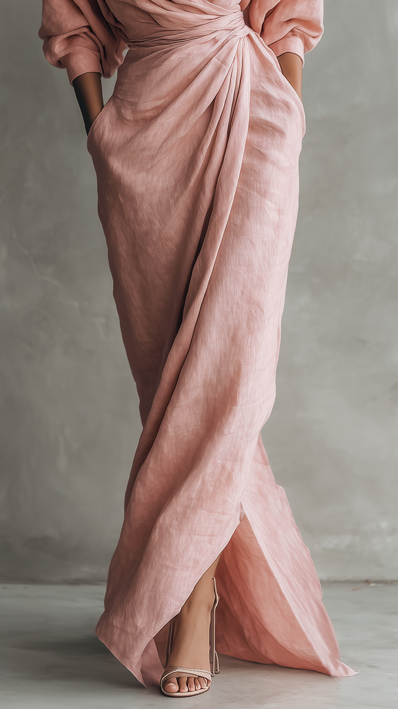 Robe Maxi Minimaliste Rose à Col en V en Mélange Lin