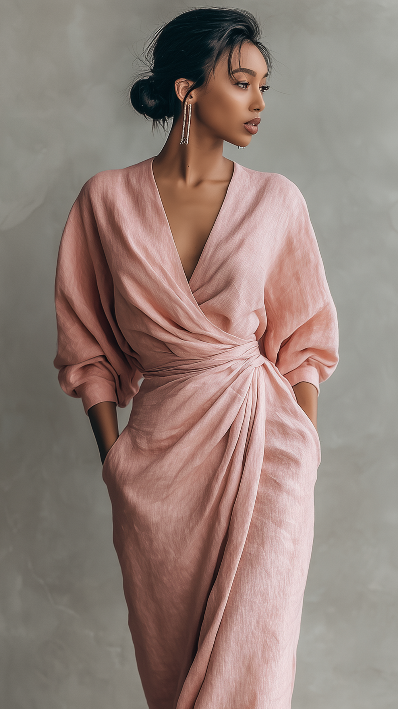 Robe Maxi Minimaliste Rose à Col en V en Mélange Lin