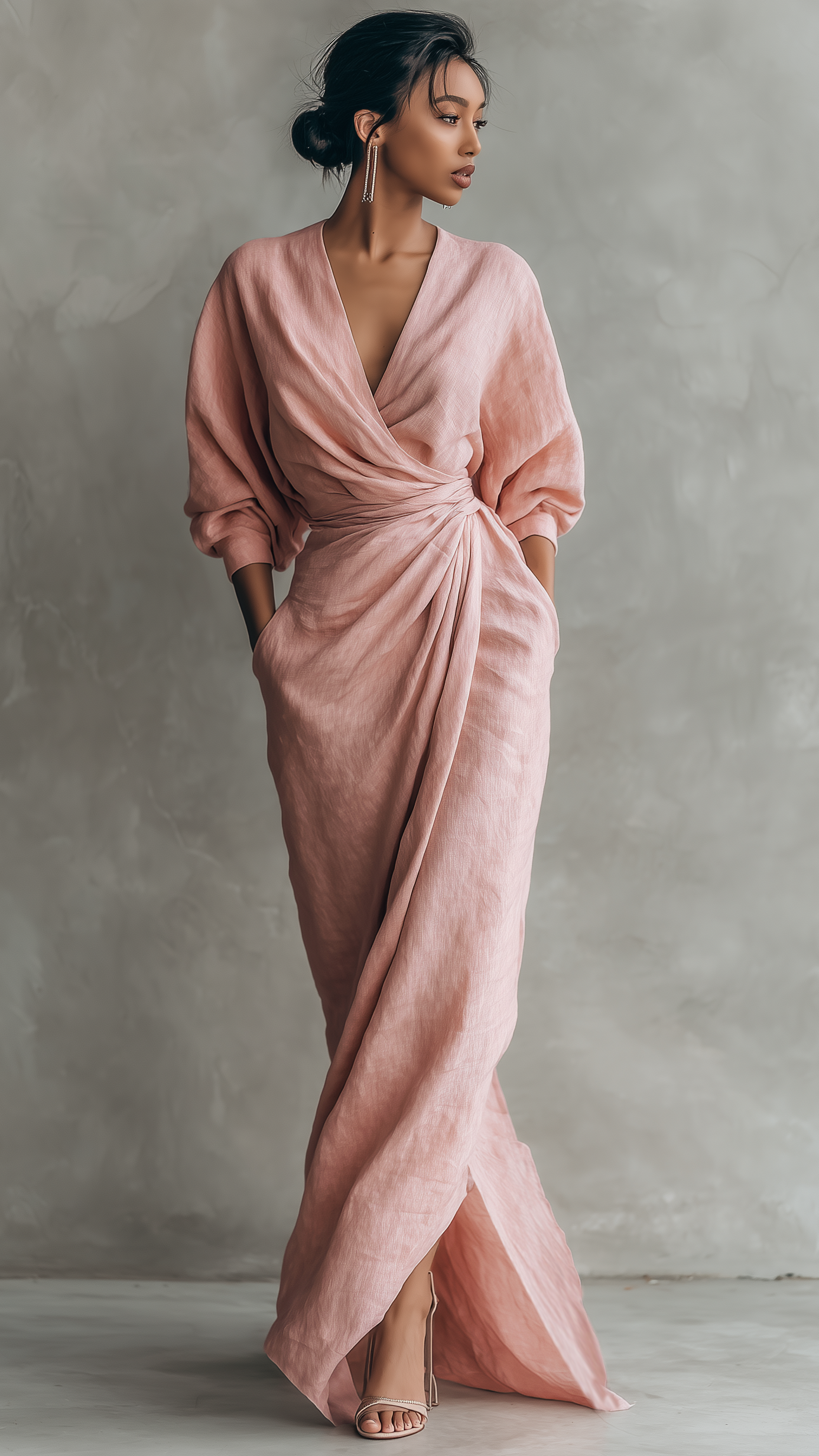 Robe Maxi Minimaliste Rose à Col en V en Mélange Lin