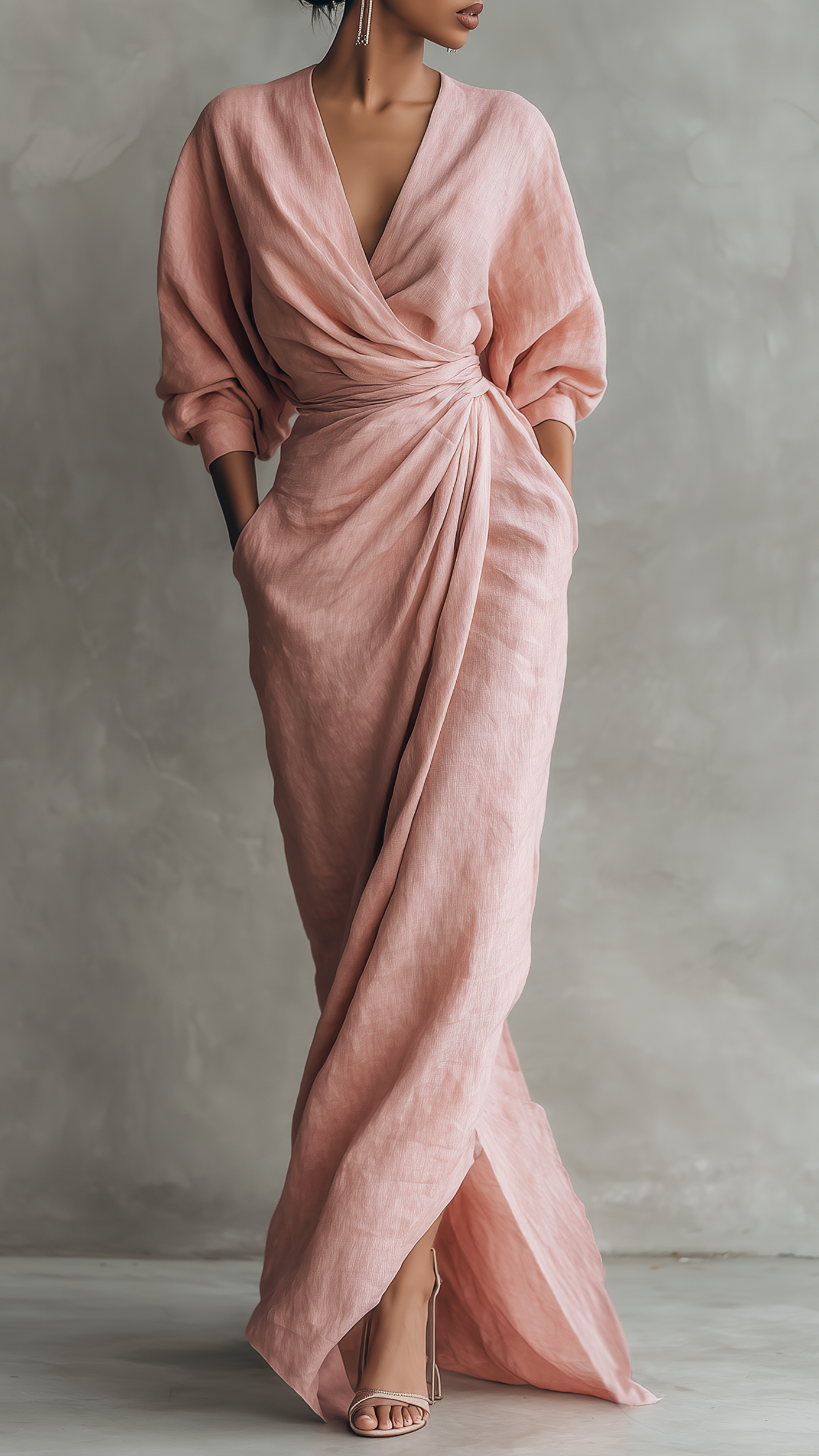 Robe Maxi Minimaliste Rose à Col en V en Mélange Lin