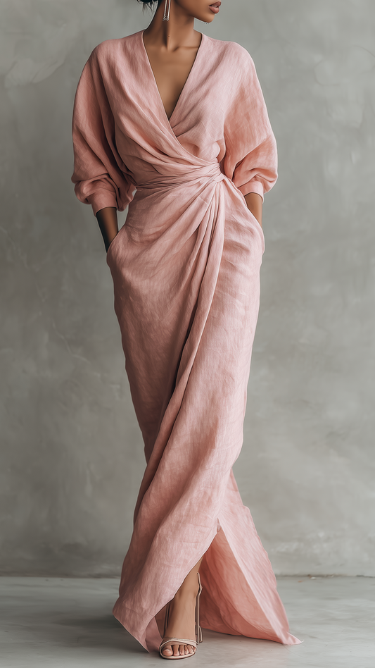 Robe longue minimaliste rose en lin mélangé à col en V