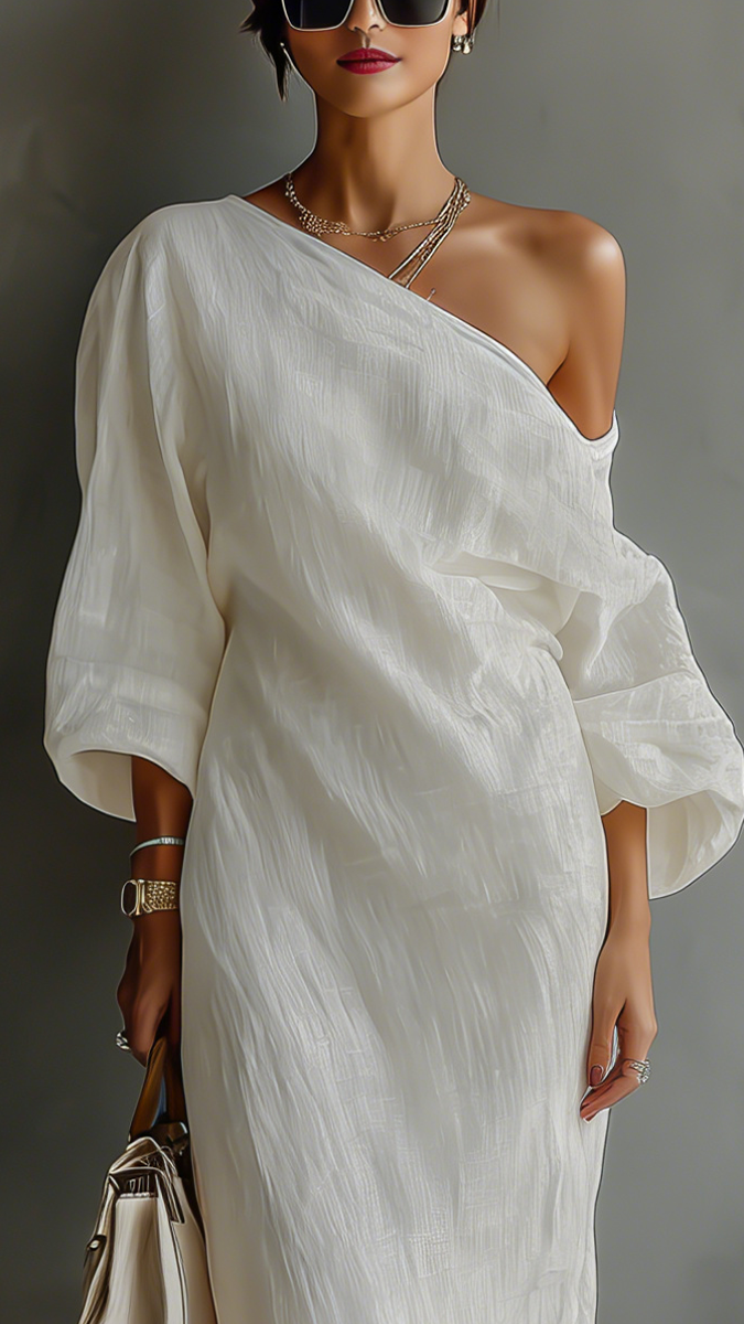 Robe Fluide Élégante en Coton-Lin Blanc Ivoire à Épaule Dénudée