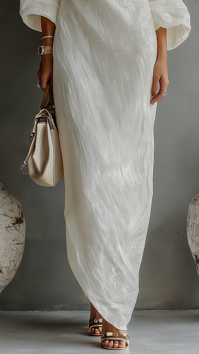 Robe Fluide Élégante en Coton-Lin Blanc Ivoire à Épaule Dénudée