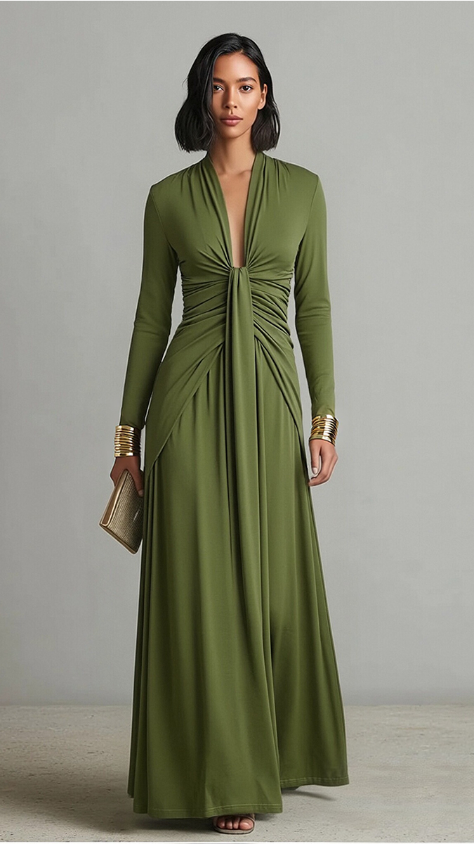 Robe Maxi Glamour Vert Olive en Soie Extensible à Col en V Profond et Détails Froncés