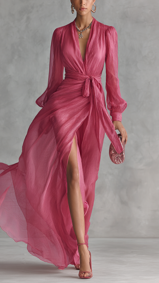 Robe longue en mousseline rose élégante avec perles et col en V pour femme