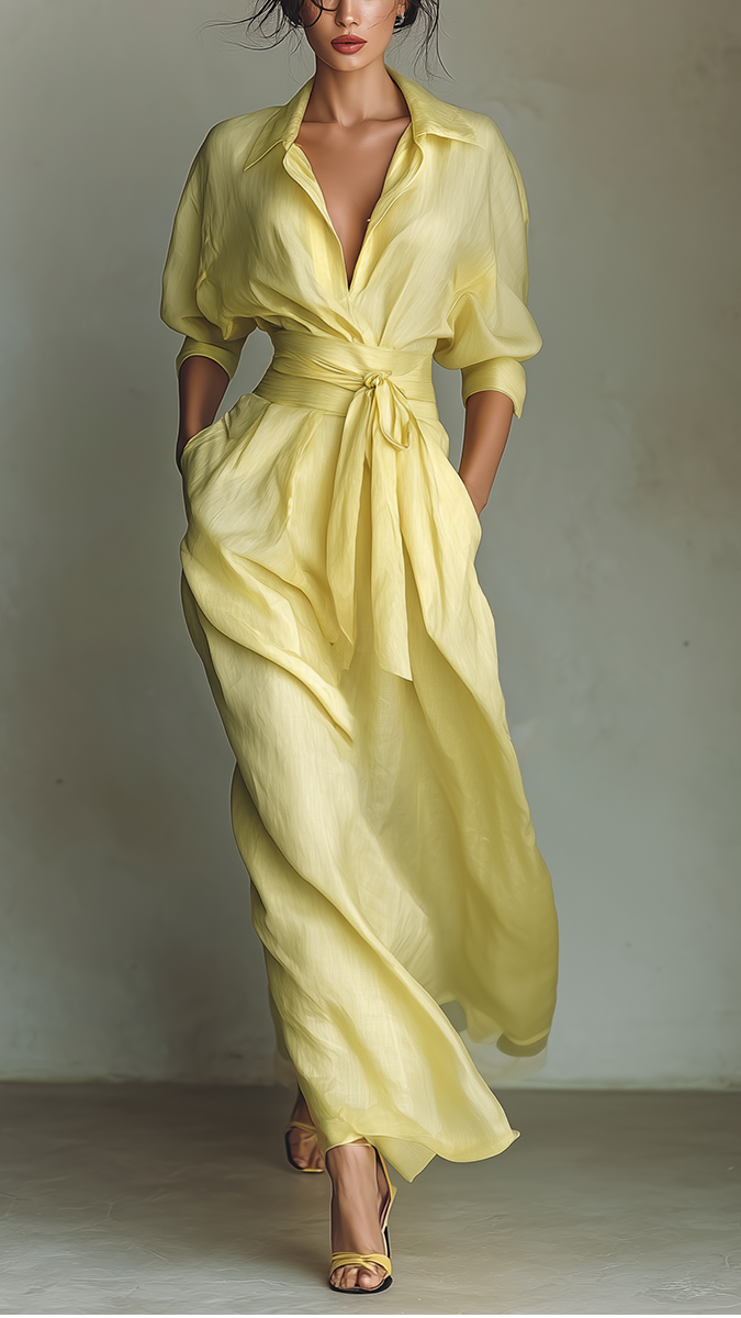Robe Chemise Maxi Jaune Citron pour Femme en Coton et Lin avec Ceinture à Nouer et Manches Trois-Quarts