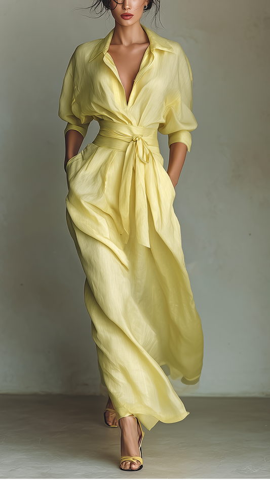 Robe chemise longue jaune citron pour femme en coton et lin avec ceinture à nouer et manches trois-quarts
