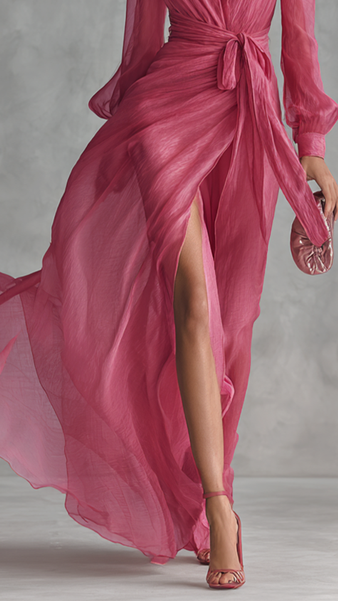 Robe Longue en Mousseline Rose Élégante avec Perles et Col en V pour Femme