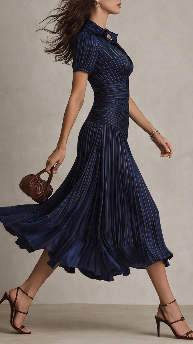 Adriana - Robe Midi Satinée à Rayures Rétro