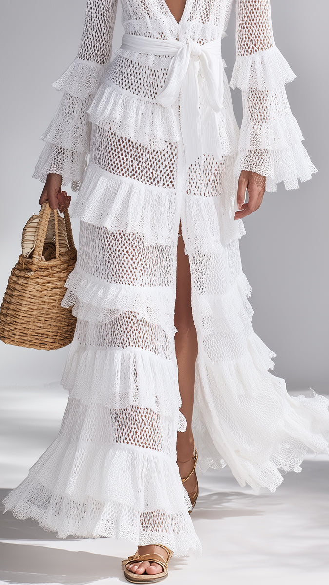 Cardigan au Crochet Blanc Brillant pour Femme à Décolleté en V Profond et Volants Superposés, Style Bohème-Chic Intemporel