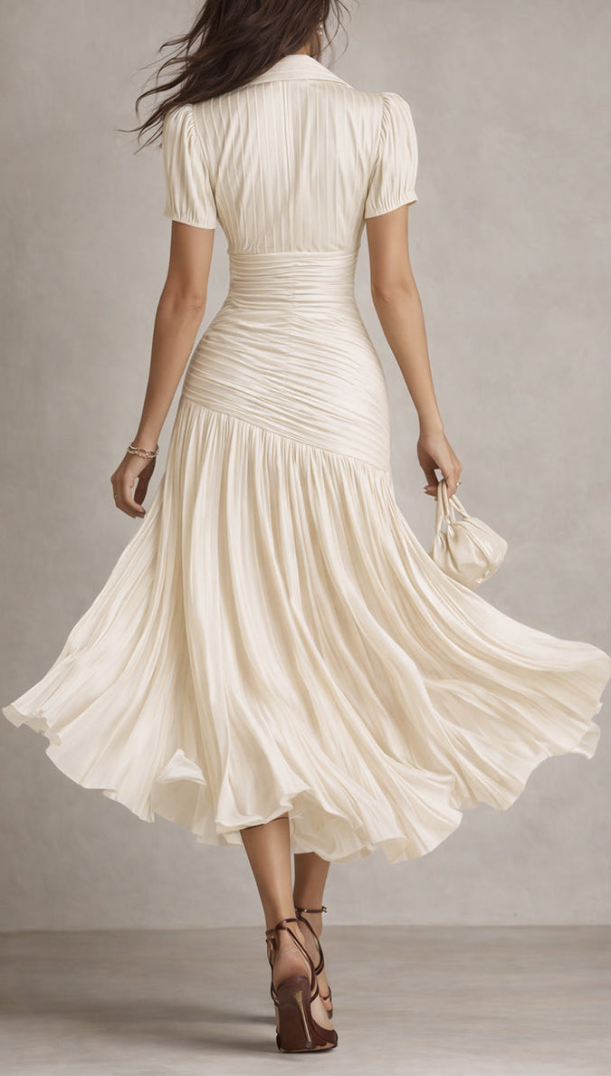 Adriana - Robe Midi Satinée à Rayures Rétro