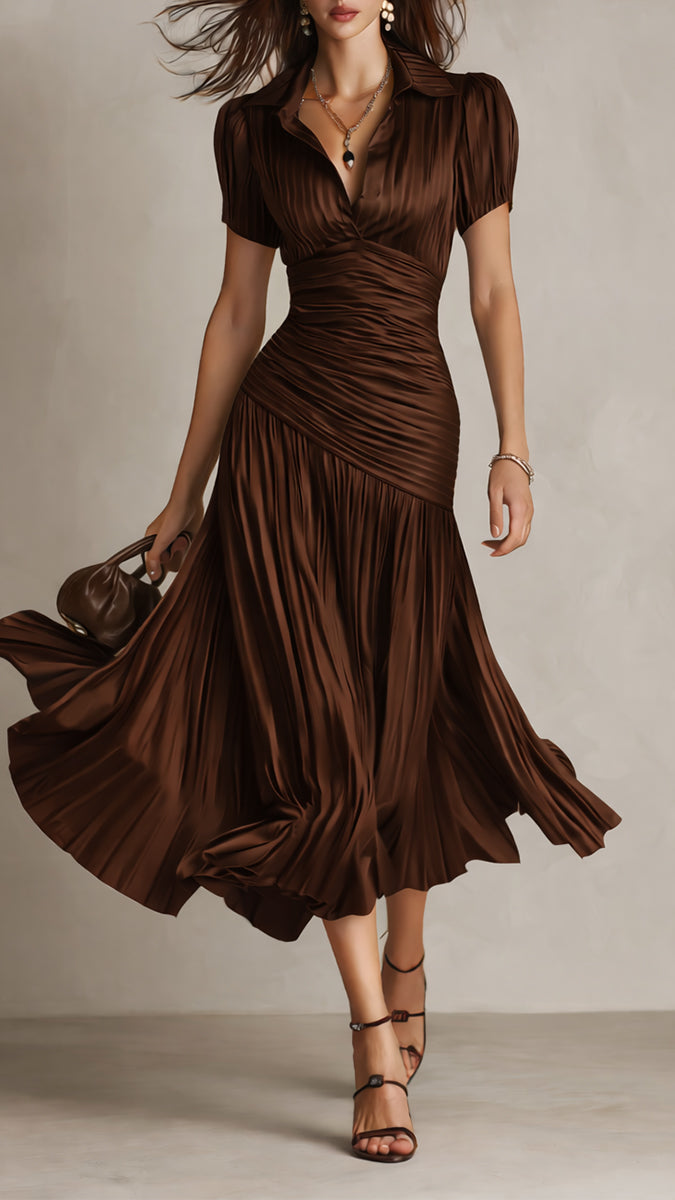 Adriana - Robe Midi Satinée à Rayures Rétro