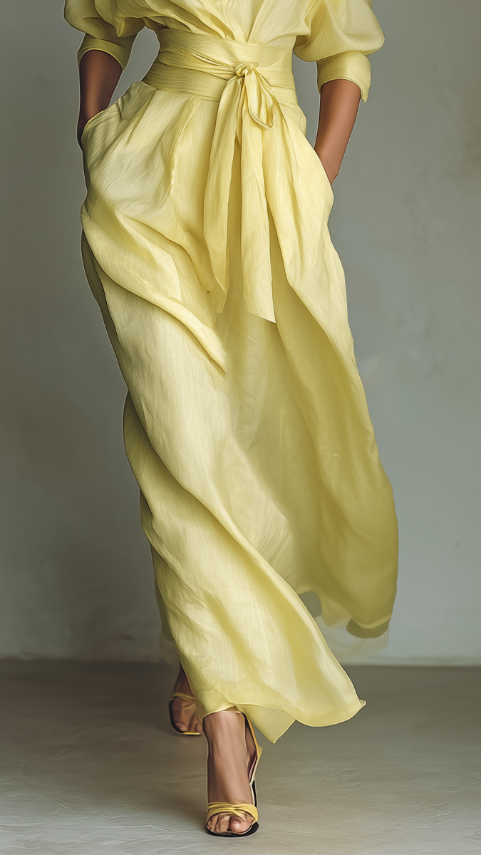 Robe Chemise Maxi Jaune Citron pour Femme en Coton et Lin avec Ceinture à Nouer et Manches Trois-Quarts