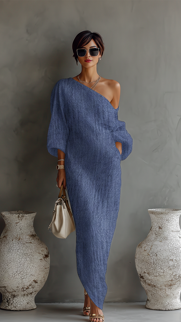 Robe Fluide Élégante en Coton-Lin Blanc Ivoire à Épaule Dénudée