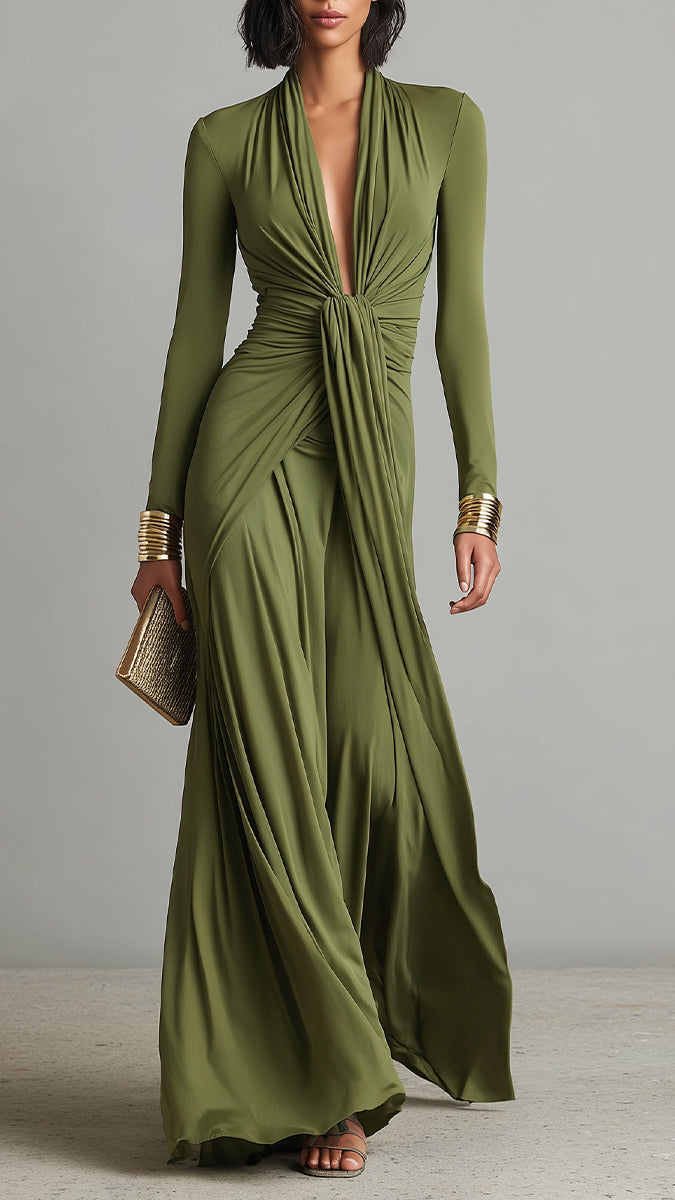 Robe Maxi Glamour Vert Olive en Soie Extensible à Col en V Profond et Détails Froncés