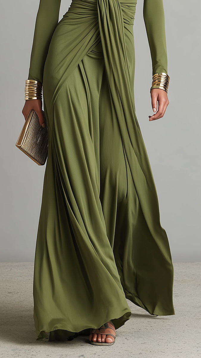 Robe Maxi Glamour Vert Olive en Soie Extensible à Col en V Profond et Détails Froncés