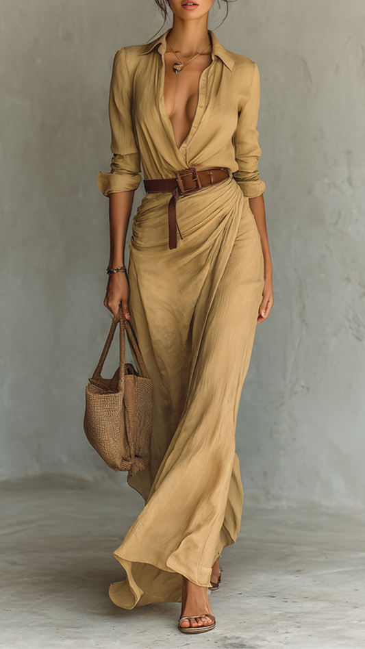 Robe longue maxi femme à col revers et manches longues
