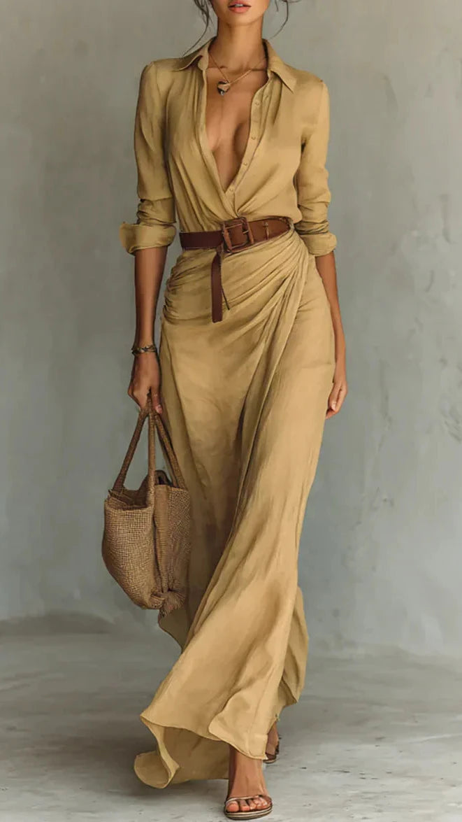 Camille™ | Robe Longue avec Revers et Ceinture