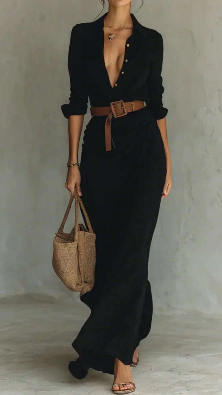 Camille™ | Robe Longue avec Revers et Ceinture