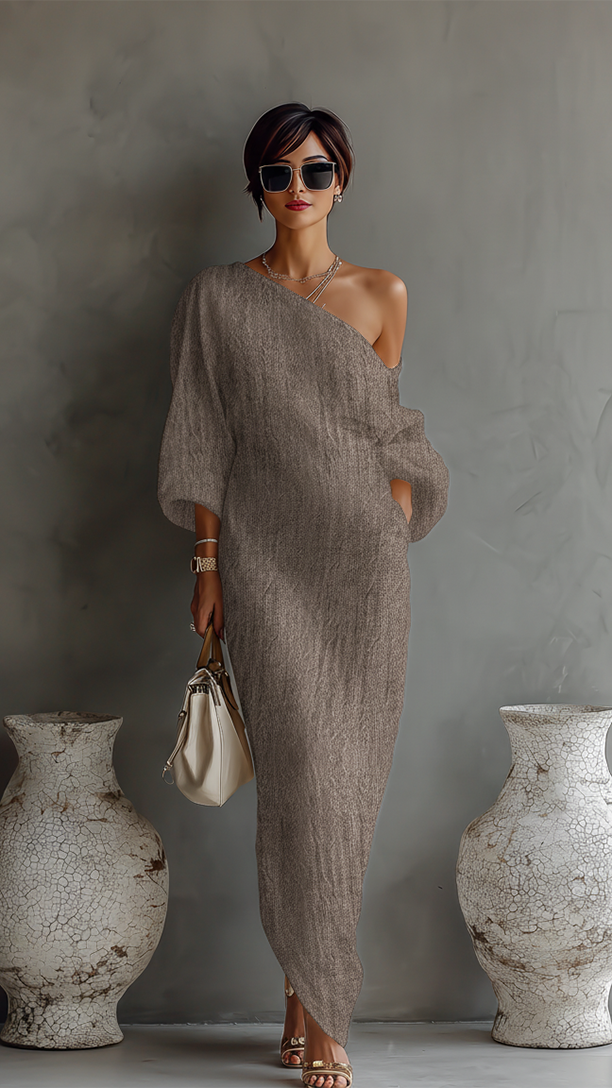 Robe Fluide Élégante en Coton-Lin Blanc Ivoire à Épaule Dénudée