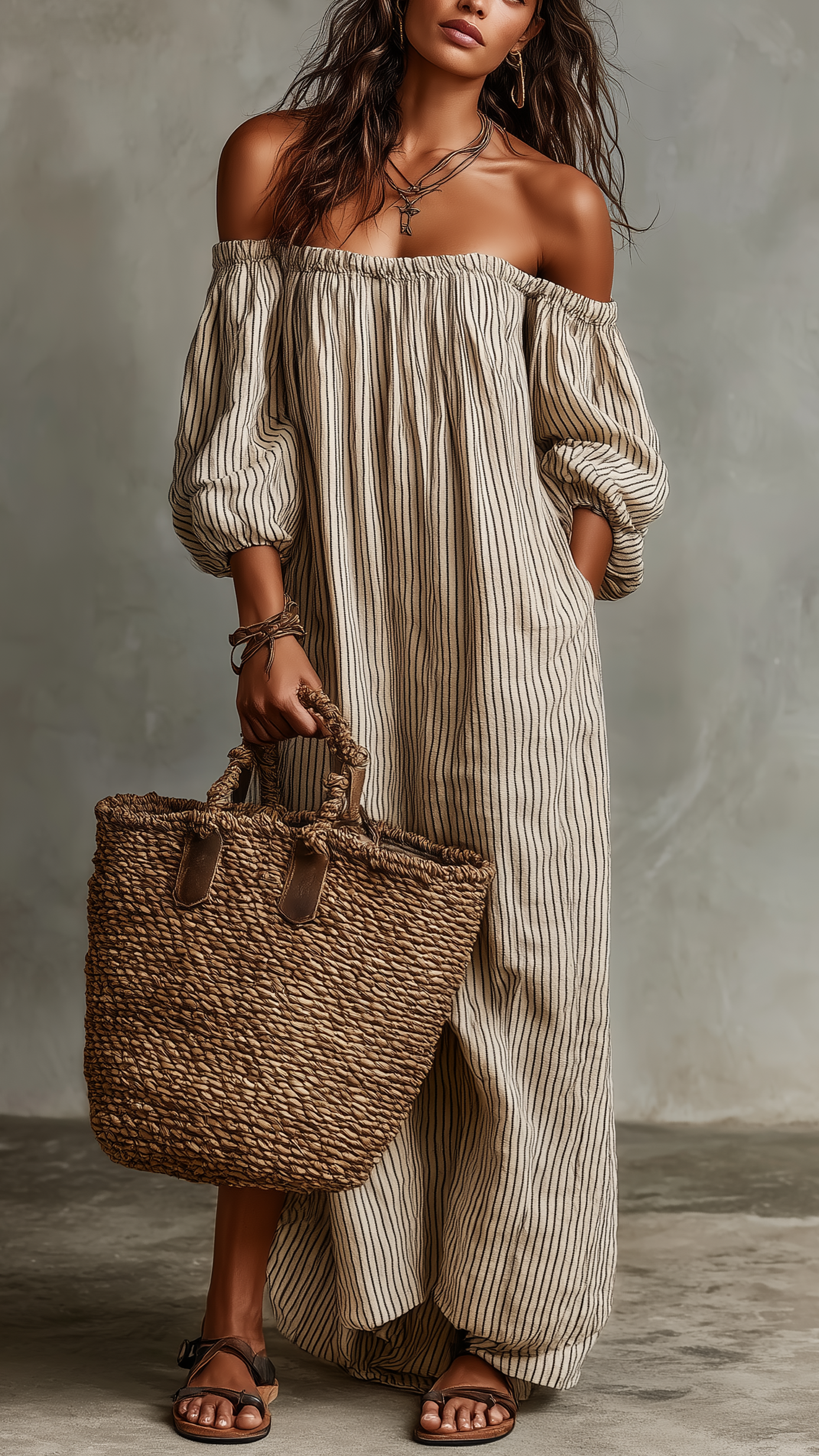 Carmen | Longue Robe en Coton et Lin à Épaules Dénudées