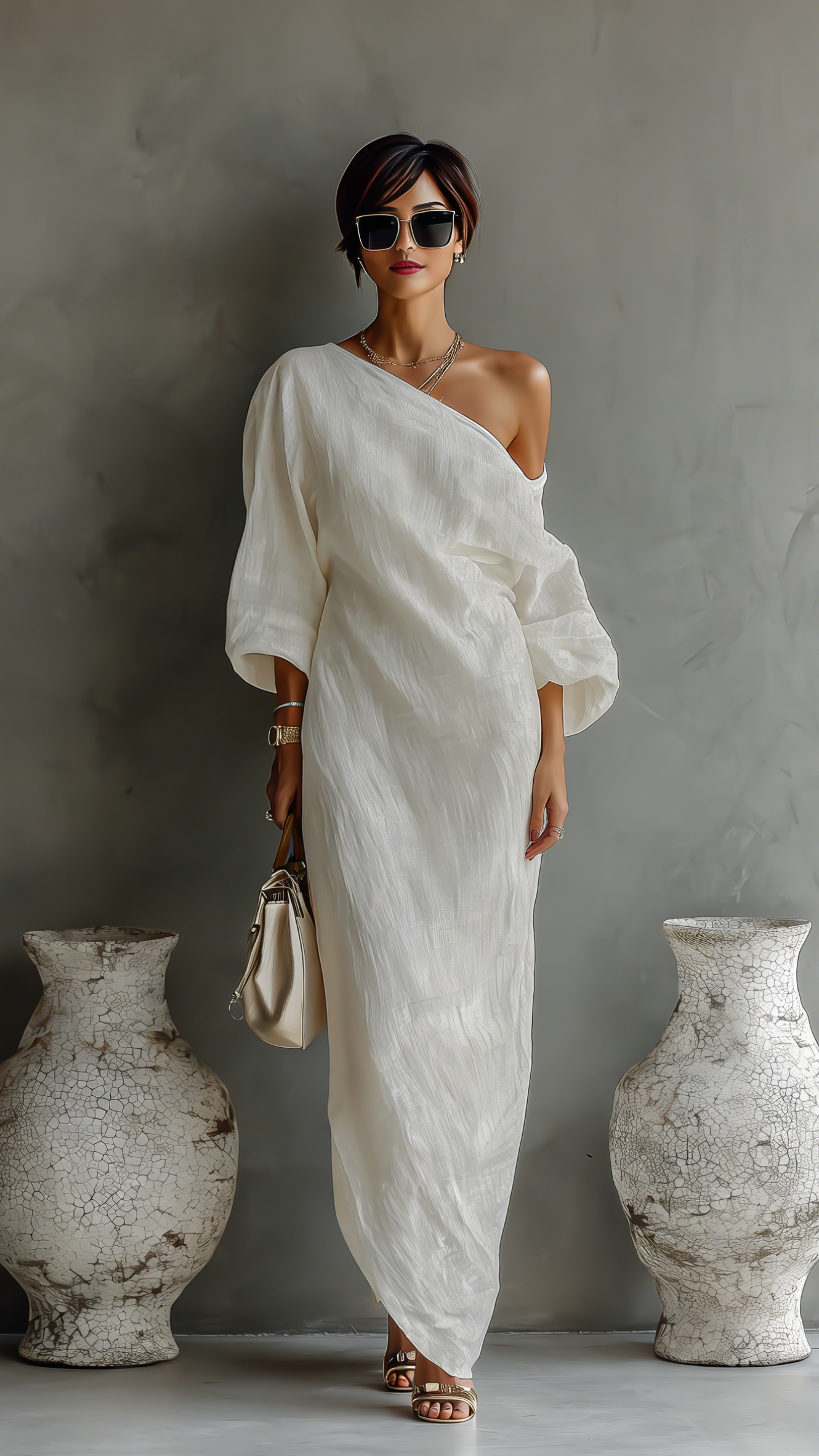 Robe Fluide Élégante en Coton-Lin Blanc Ivoire à Épaule Dénudée