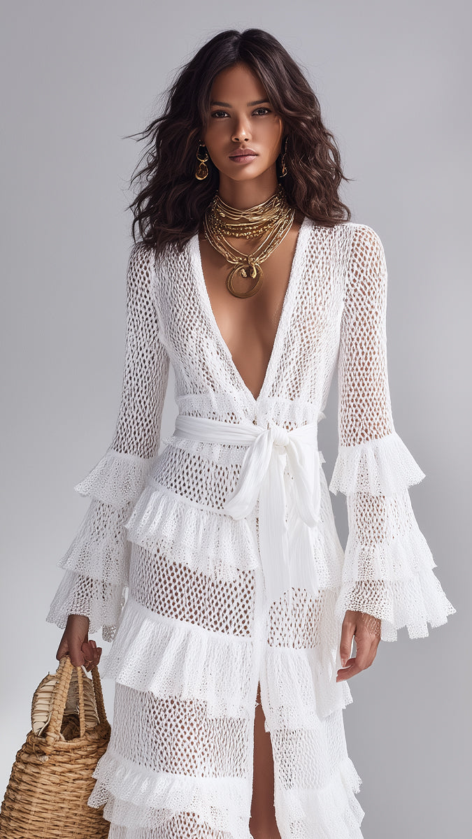 Cardigan au Crochet Blanc Brillant pour Femme à Décolleté en V Profond et Volants Superposés, Style Bohème-Chic Intemporel