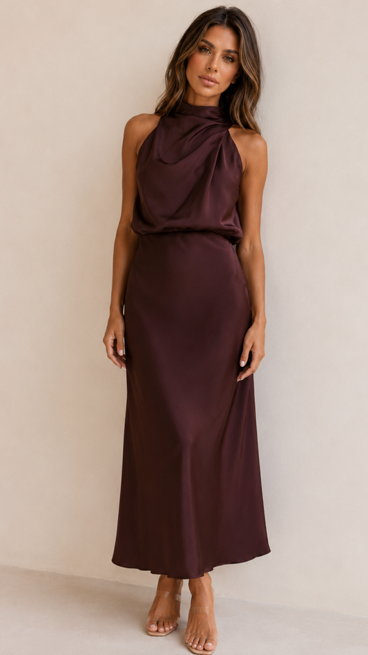 MAISON AVELORE ESTHER — Chocolat Robe Longue Licou