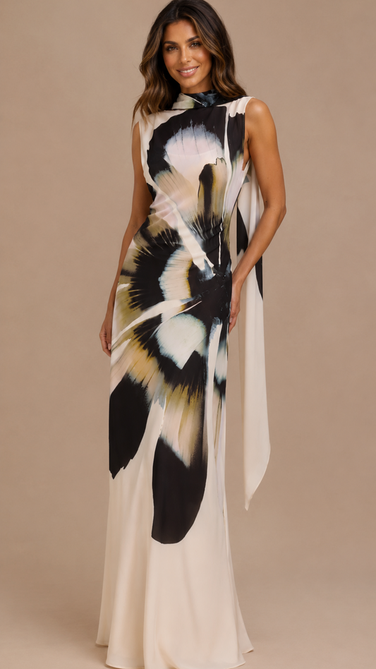 MAISON AVELORE DAKOTA — Robe Longue en Mousseline avec Foulard (Imprimé Florale Ivoire)