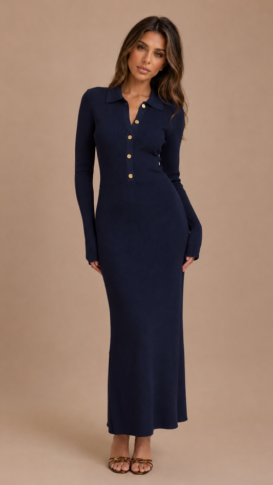 MAISON AVELORE ABBEY — Robe Midi Boutonnée en Maille (Bleu Marine)