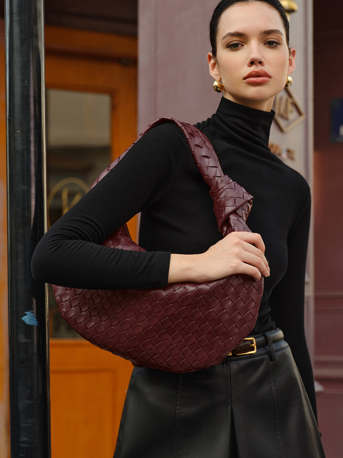 MAISON AVELORE CROISSANT WEAVE SAC — Burgundy