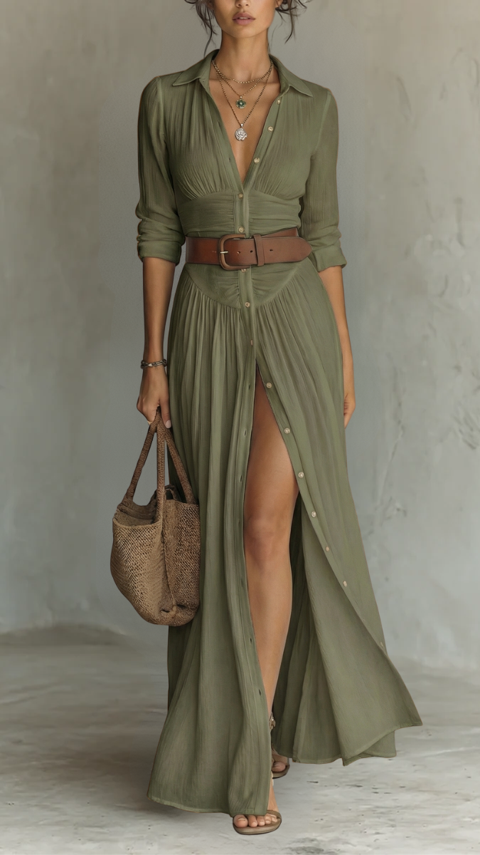 Robe Maxi Longue en Lin à Col Revers, Manches Longues et Plis