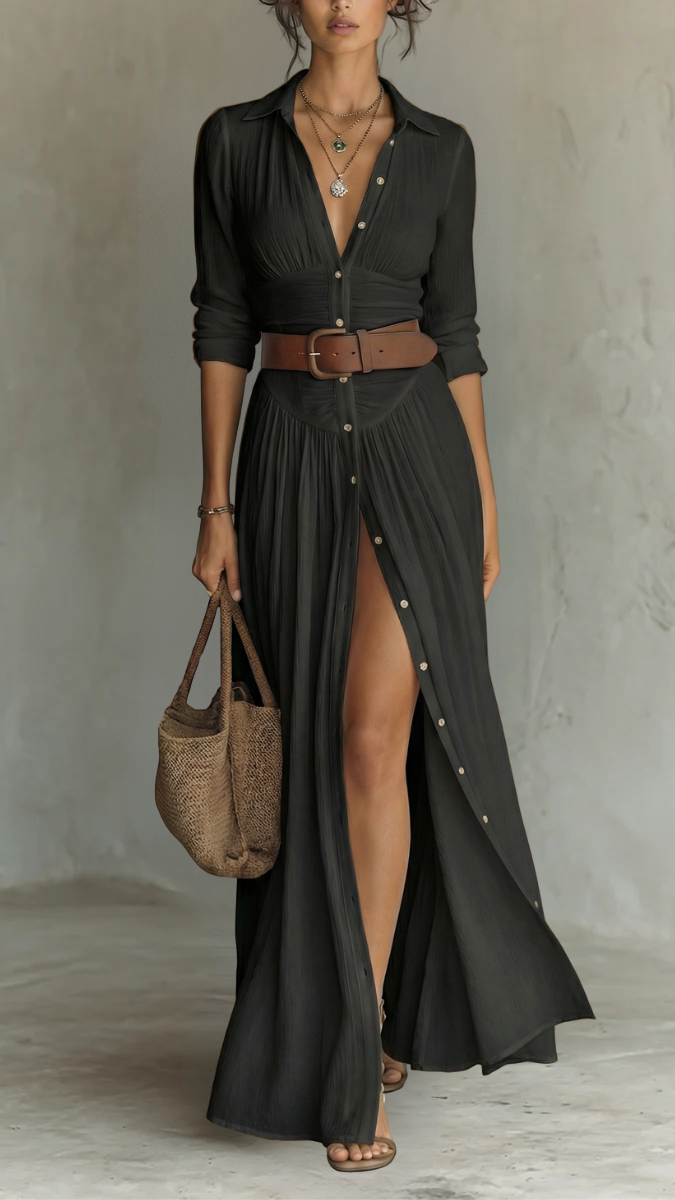 Robe Maxi Longue en Lin à Col Revers, Manches Longues et Plis